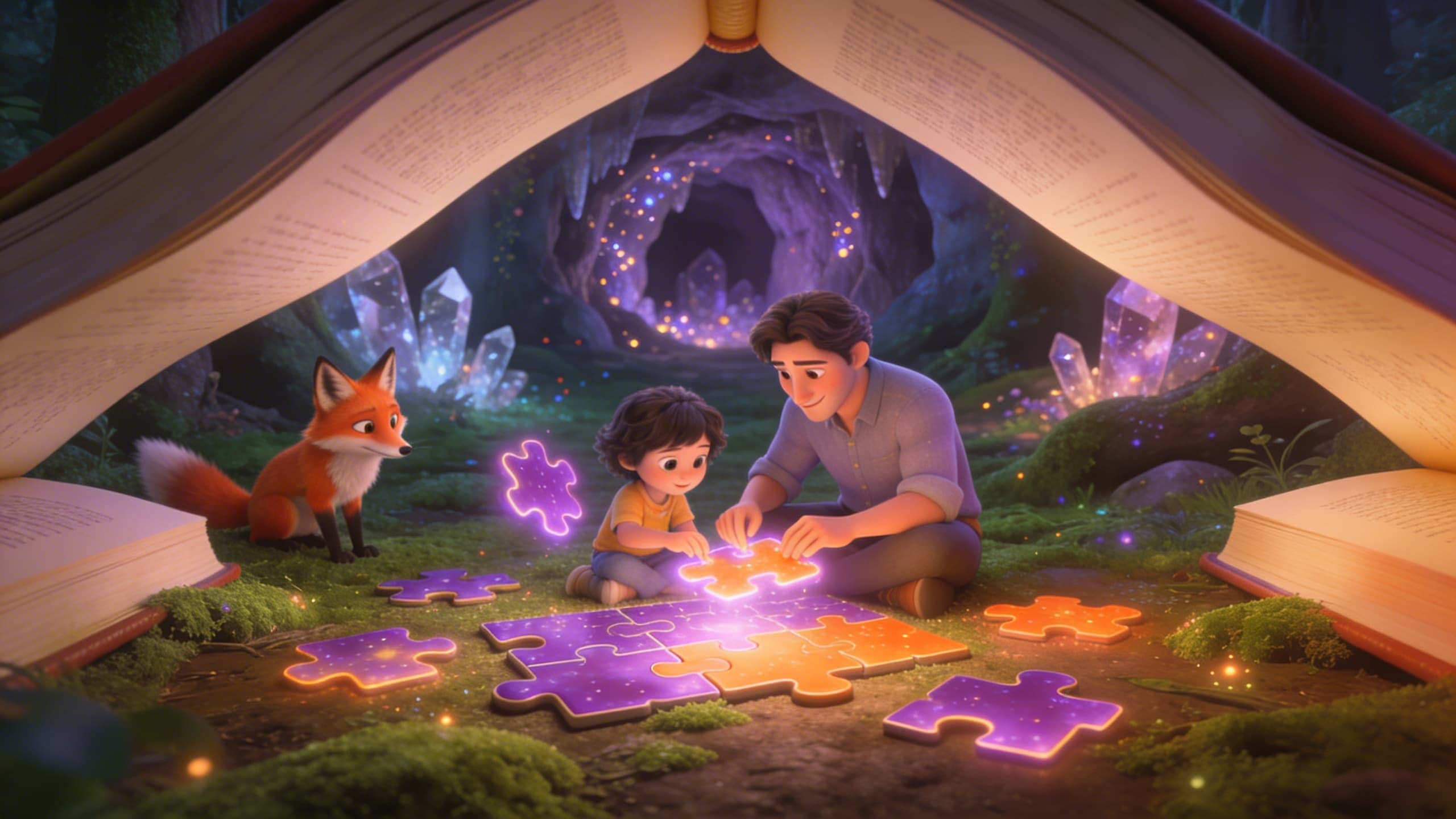 Parent and child making decisions together in a story scenario