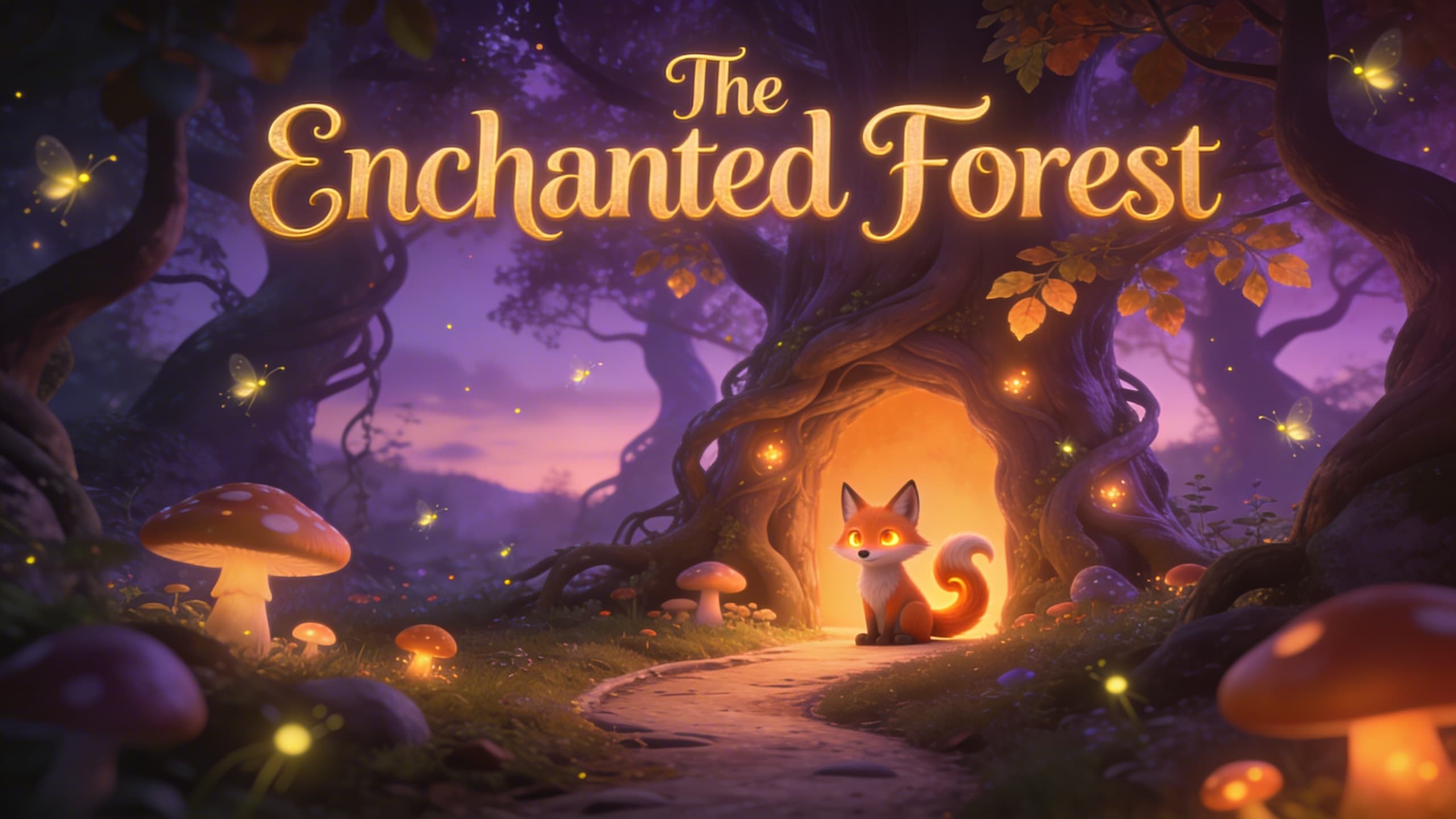 The Enchanted Forest — a fox sits at the entrance of a glowing magical forest