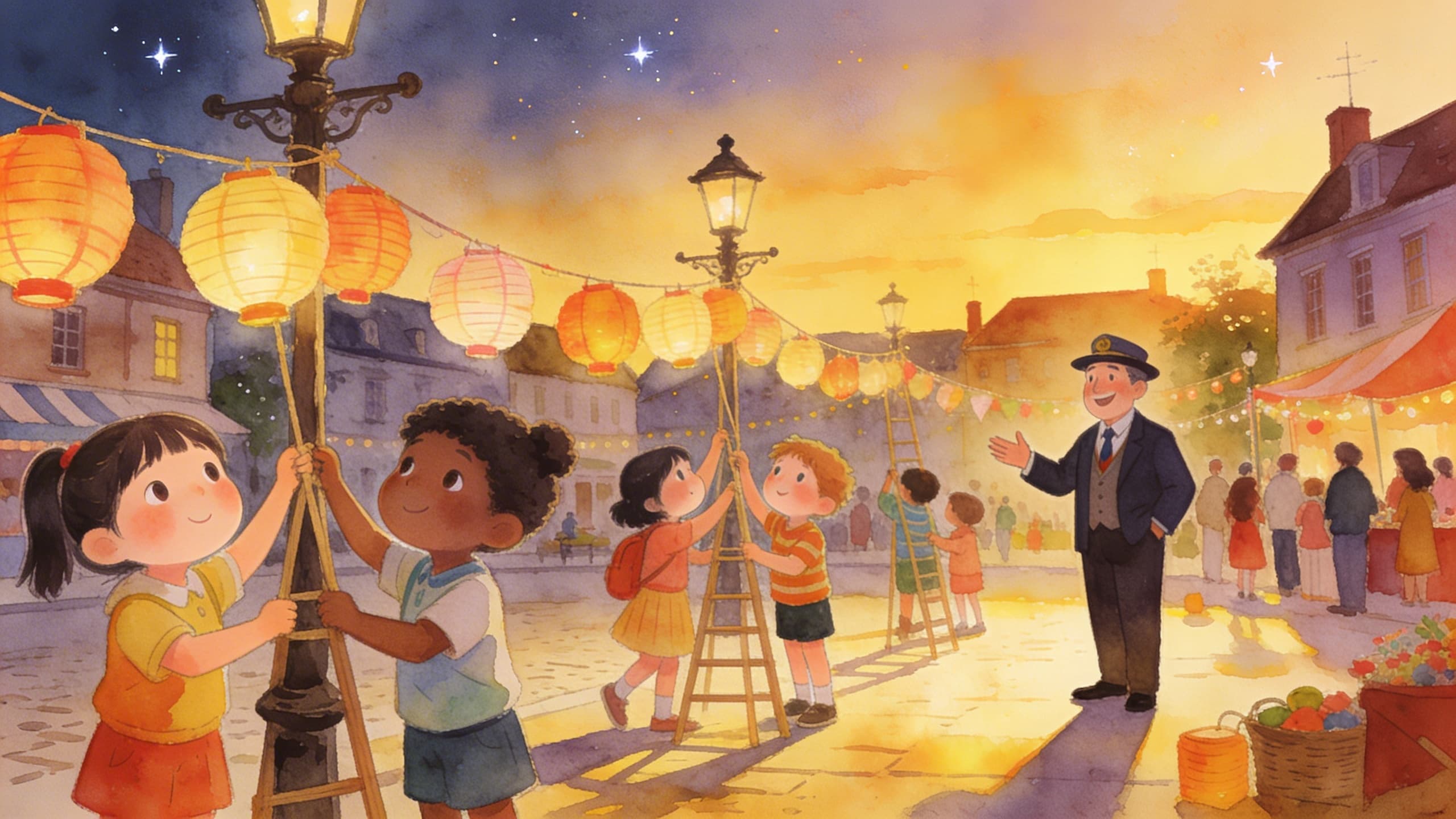A small town square at dusk with paper lanterns being hung between lampposts, children helping
